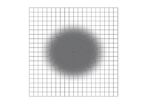 Grafik mit Gitternetzlinien, die sich im Zentrum verwellenförmig verbiegen und einen großen grauen Fleck zeigen