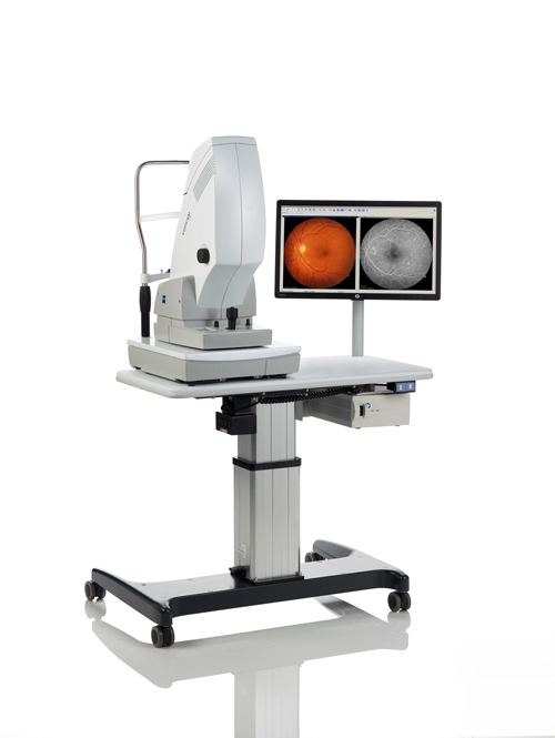 Untersuchungsgerät VISUCAM auf Gerätetisch © Zeiss mit Darstellung der Blutgefäße im Auge