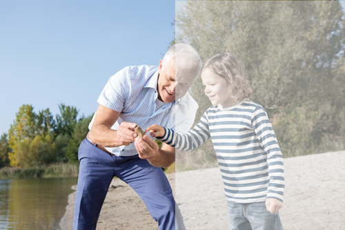 Mann betrachtet mit Kind einen Gegenstand. Linke Bildhälfte zeigt Normalsicht, rechte Bildhälfte zeigt Sicht mit Grauem Star